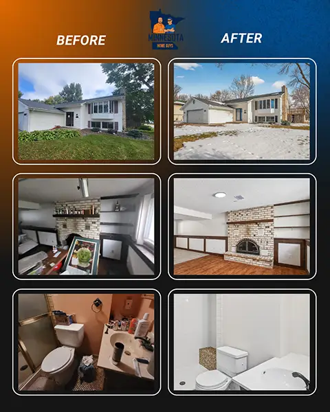 Before and after Minnesota home renovation showing exterior, living room, and bathroom improvements
