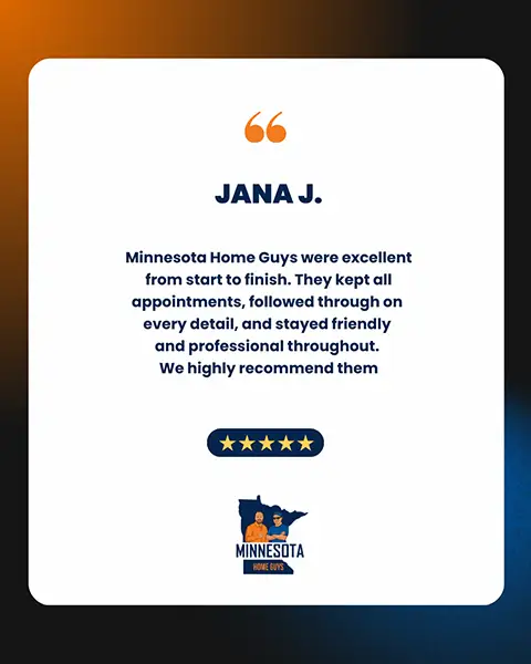 Client review for Minnesota Home Guys praising professionalism, follow through, and friendly service